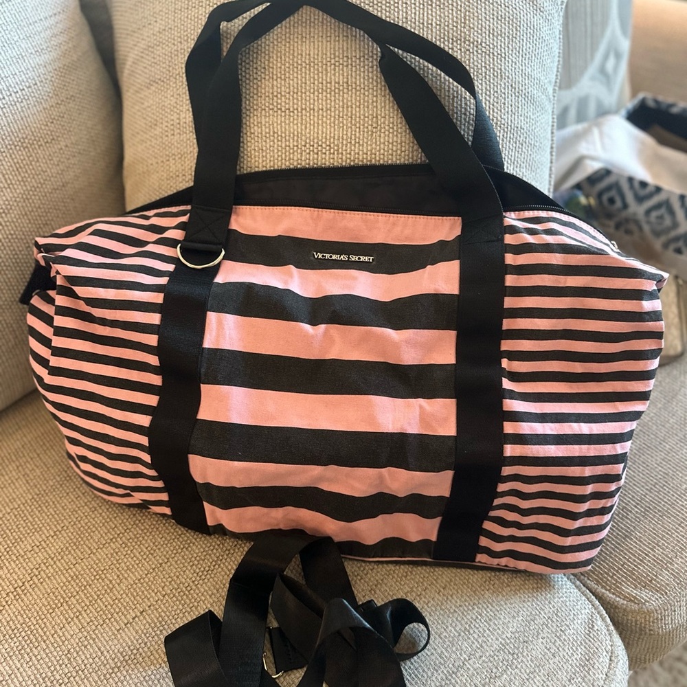 Victoria's Secret Pink and Black Striped Travel Bag